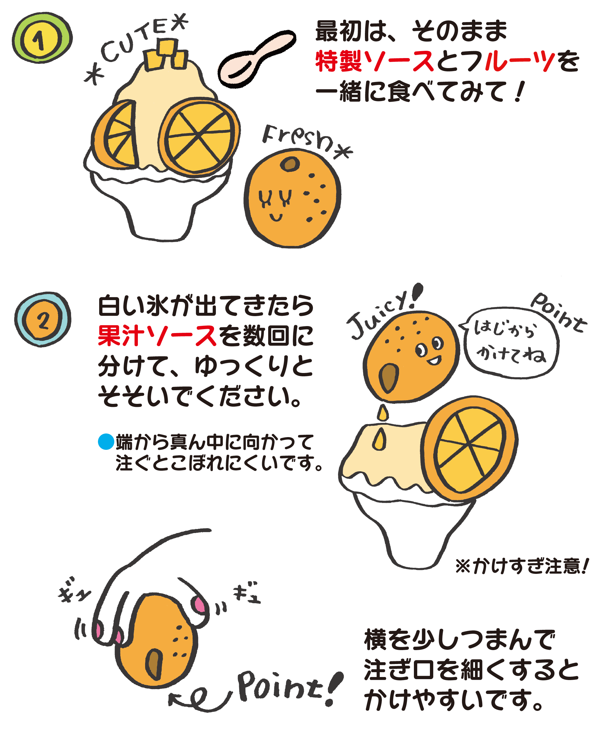 １最初は、そのまま特製ソースとフルーツを一緒に食べてみて！2白い氷が出てきたら果汁ソースを数回に分けて、ゆっくりとそそいでください。横を少しつまんで注ぎ口を細くするとかけやすいです。